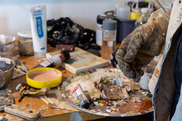 studio or work space of a hispanic woman artist, oil painting, mexico