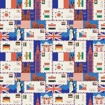 Vector seamless pattern on theme of travel to various countries of Europe, Asia and America. Retro background with envelopes, flags and architectural landmarks. Wallpaper, wrapping paper, fabric