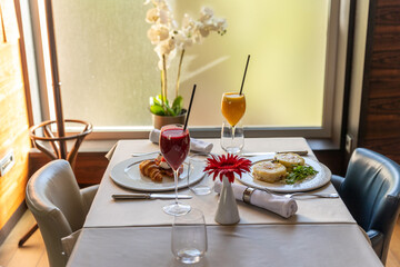 Breakfast served on a restaurant table