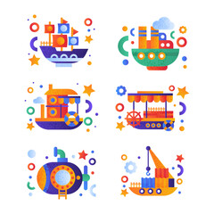 Naklejka premium Flat Ship and Sea Vessel Colorful Icon as Seafaring and Marine Cruise Vector Set