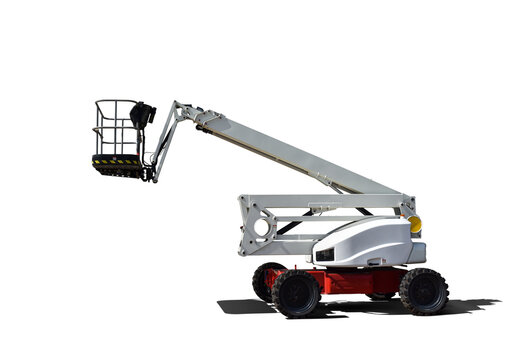 Self-propelled articulated boom lift on isolated background with shadow in png