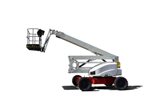 Self-propelled articulated boom lift on isolated background with shadow in png