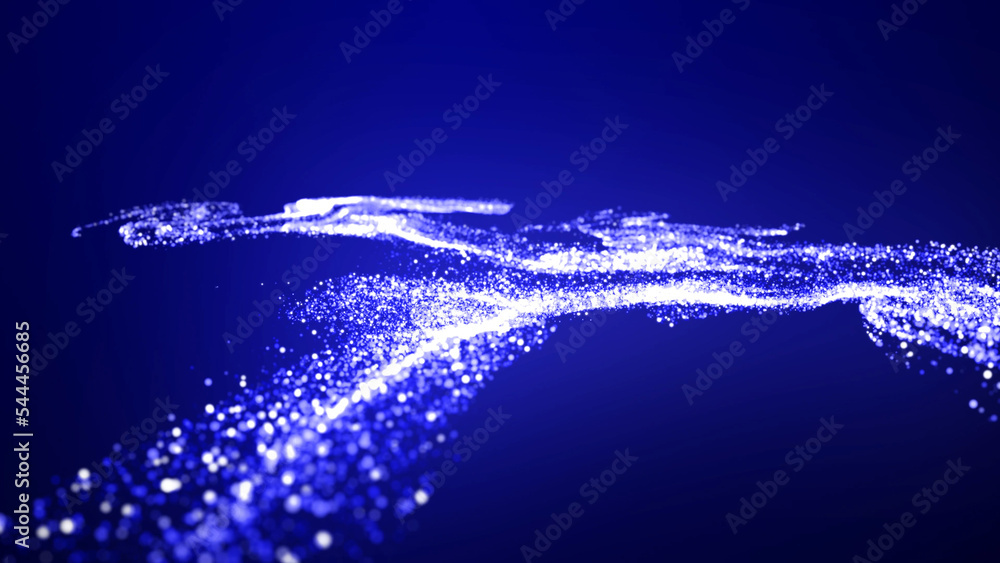 Poster abstract bg with blue magic glitters fly in air and form beautiful swirls. sparkles float in viscous