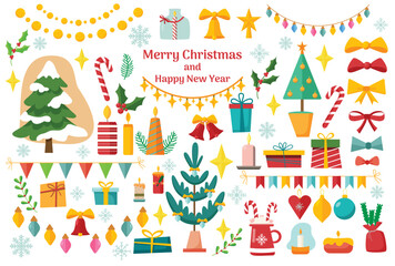 Happy New Year and Merry Christmas! Lovely cozy decorations and decor, candles, gifts. garlands, toys for the Christmas tree, bell, Christmas trees and mistletoe on a white background.