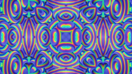 Fototapeta premium 3d render. Abstract background simmetrical 3d liquid pattern with bright gradient color transition. Liquid kaleidoscope with viscous liquid waves and glitter on surface. Wavy rainbow pattern