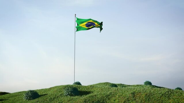 Brazil, Brazilian flag waving in the wind on a beautiful landscape. Blue sky. 4K HD. Stunning image.