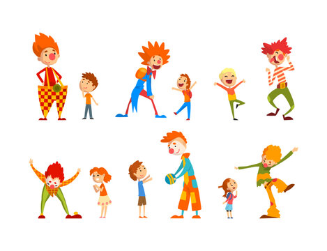 Funny Man Clown Character in Colorful Costume Entertaining Kids Vector Set