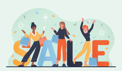 Woman with sale. Special offer for regular customers, advertising poster or banner for website. Modern methods of marketing and promotion of goods and services. Cartoon flat vector illustration