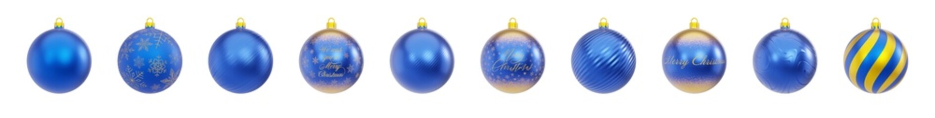 Blue Christmas balls in a wide variety of textures and finishes. Pack of Christmas ornaments. Realistic rendering.