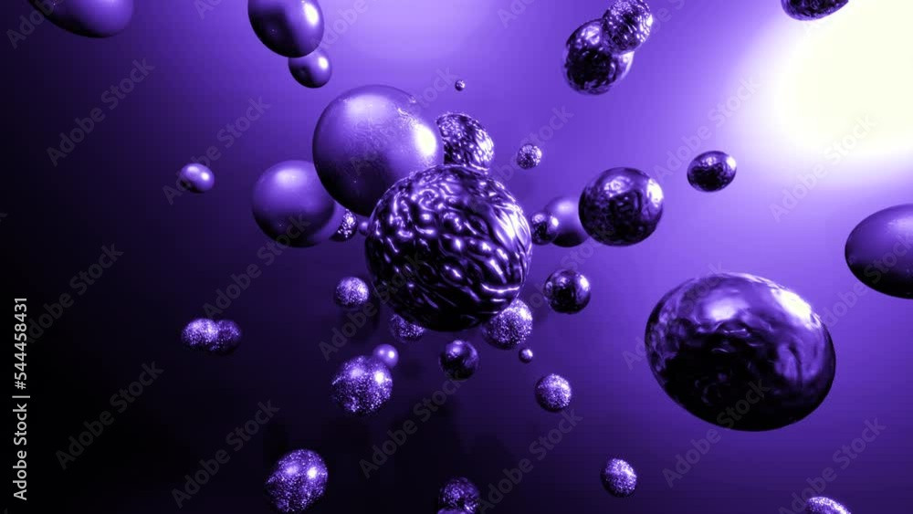 Poster green and purple background. design. small different bubbles with drawings inside rotate in a circle