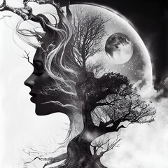 Double exposure digitally generated portrait of a woman witch in the woods and moon © DKN Media