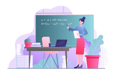 Mathematic teacher concept. Woman stands inclassroom at blackboard and leads lesson or lecture. Education and training at school and institute. Poster or banner. Cartoon flat vector illustration