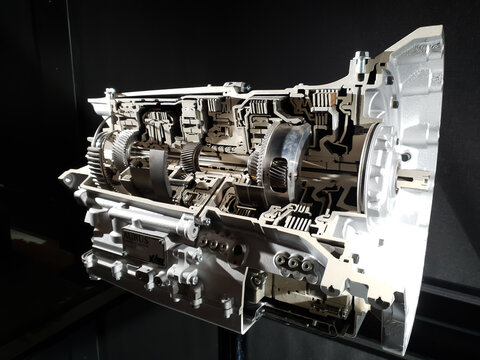 Moscow, Russia - April 4, 2022:  Automatic 9-speed transmission Kate for premium Russian car Aurus. technical photo. transmission structure Museum of the Special Purpose Garage of the FSO of Russia.