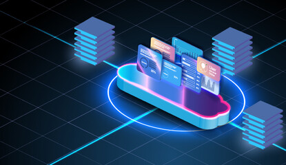 Remote data center for the management of modern technologies. Vector Cloud, the concept of cloud storage, data transfer,