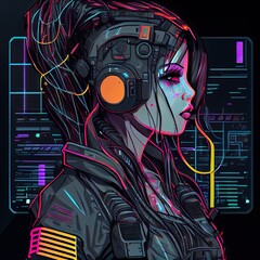 Cyberpunk silhouette geometric lines, female character woman