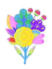 Contemporary bright vector flowers with black outline. Vibrant floral bouquet. Baloon style. Modern art. Card, cover, print on clothes, sticker