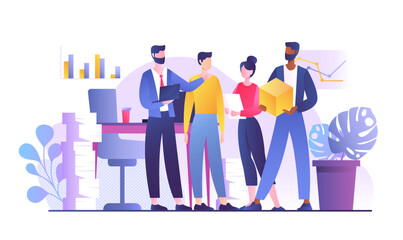 People in office. Men and women in revenge on backdrop of graphs and charts, financial literacy and passive income. Colleagues and partners working on common project. Cartoon flat vector illustration