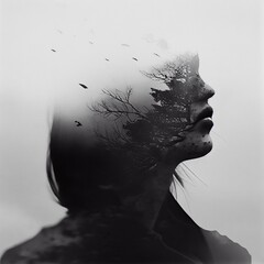 Woman double exposure with dark forest, black and white
