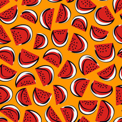 Red ripe juicy watermelon pieces seamless pattern. Summer fruits slices freehand background. Hand drawn simple ornament. Sketch, doodle style funny print