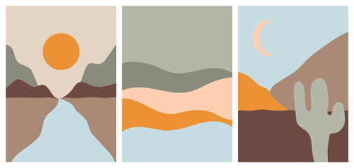 Abstract landscapes set with sun, cactus, mountains, hills, moon, waves and plants. Modern vintage bohemian design templates for posters, prints, cards or social media. Minimalist vector illustration