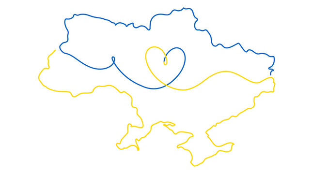 Peace to Ukraine concept with heart and Ukraine map. Support Ukraine art in the colors of the Ukrainian flag. Simple line drawing vector illustration for charity or humanitarian concept, tattoo, logo
