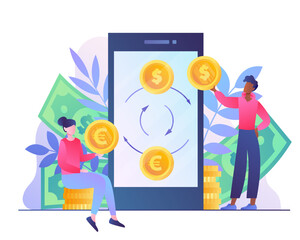 Exchange of money. Man and woman buy another currency, economy and trading, investing. Financial Literacy and Passive Income. Modern technologies and digital world. Cartoon flat vector illustration