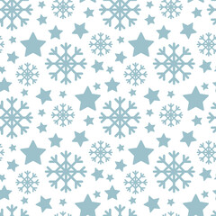 Blue Christmas stars and snowflakes on a white background are randomly arranged on a white background. Monochrome pattern, simple flat illustration. Universal Christmas pattern. Gift paper, fabric
