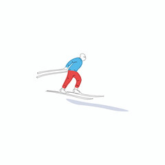 Continuous one line art of skier skiing on the mountain