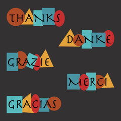 Colorful signs thanks, danke, grazie, gracias, merci on the dark background.