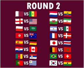 Matches Round 2 Countries Flag Ribbon Symbol Design football Final Vector Countries Football Teams Illustration