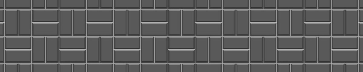 Black basket weave tile texture. Stone or ceramic brick wall seamless pattern. Kitchen backsplash, shower or bathroom floor decoration. Outdoor or indoor mosaic background. Vector flat illustration