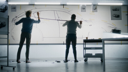 Two diverse automotive male designers drawing sketch with marker on whiteboards together, developing new generation electric car design. They working in modern car design development studio.