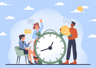 Time management concept. Men and women near big clock. Metaphor for efficient workflow. Goal setting and motivation. Teamwork and partnership. Poster or banner. Cartoon flat vector illustration