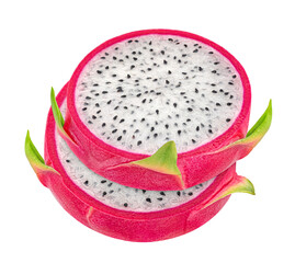 Dragon fruit pieces, pitaya slices isolated on white background
