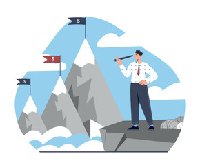 Business mission concept. Man with telescope stands and looks at rocks. Goal setting and motivation, financial literacy. Successful entrepreneur and businessman. Cartoon flat vector illustration