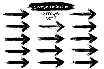 Paint brush stroke arrow set. Handdrawn black charcoal pointers. Freehand direction sign bundle. Grunge concept design