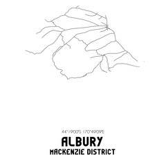 Albury, Mackenzie District, New Zealand. Minimalistic road map with black and white lines