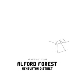 Alford Forest, Ashburton District, New Zealand. Minimalistic road map with black and white lines