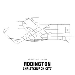 Addington, Christchurch City, New Zealand. Minimalistic road map with black and white lines
