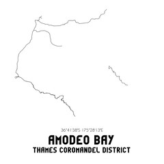 Amodeo Bay, Thames-Coromandel District, New Zealand. Minimalistic road map with black and white lines