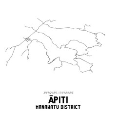 Apiti, Manawatu District, New Zealand. Minimalistic road map with black and white lines