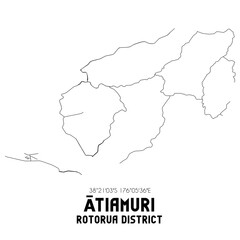 Atiamuri, Rotorua District, New Zealand. Minimalistic road map with black and white lines
