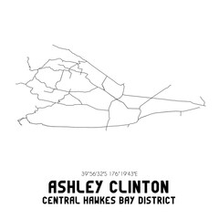 Ashley Clinton, Central Hawke's Bay District, New Zealand. Minimalistic road map with black and white lines