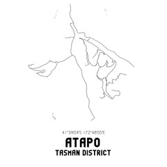 Atapo, Tasman District, New Zealand. Minimalistic road map with black and white lines