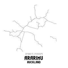 Ararimu, Auckland, New Zealand. Minimalistic road map with black and white lines