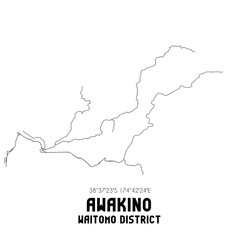 Awakino, Waitomo District, New Zealand. Minimalistic road map with black and white lines