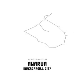 Awarua, Invercargill City, New Zealand. Minimalistic road map with black and white lines