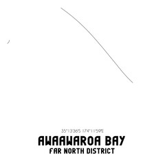 Awaawaroa Bay, Far North District, New Zealand. Minimalistic road map with black and white lines
