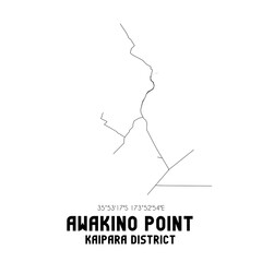 Awakino Point, Kaipara District, New Zealand. Minimalistic road map with black and white lines
