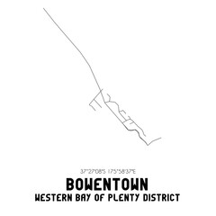 Bowentown, Western Bay of Plenty District, New Zealand. Minimalistic road map with black and white lines